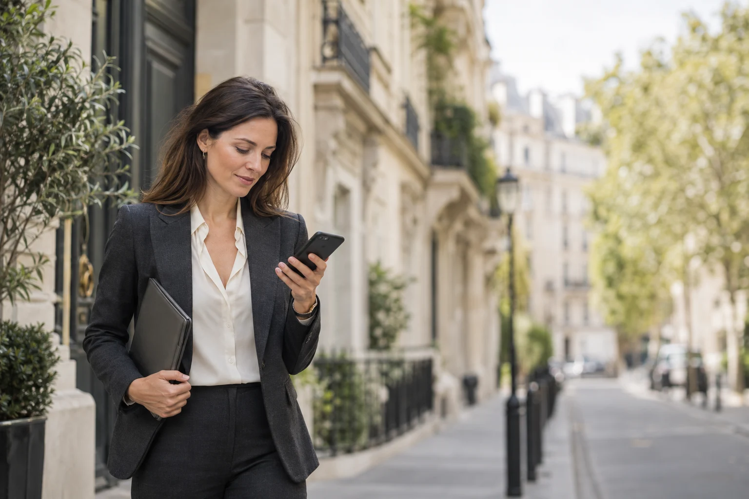Une agente immobilière consulte son assistant Cleemo sur son téléphone, dans la rue entre deux visites.